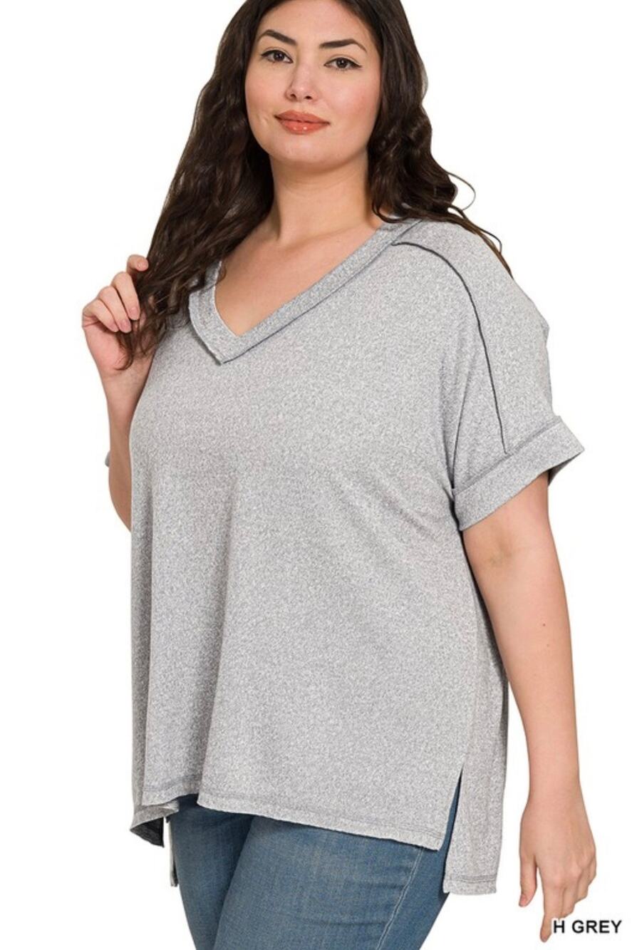 Zenana Heather Gray Soft V-Neck Short Sleeve Top Size 2X/3X